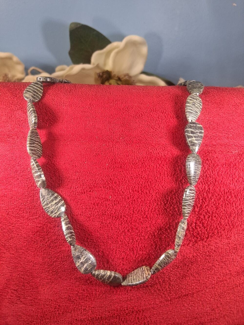 Zebra Jasper Necklace Handmade Beauty Nature 16 Inch Green Striped Bohemian